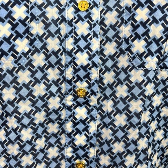 Tory Burch Blue White Printed Cross Pocket Casual Button Down Shirt Top Size 4 - Picture 3 of 4